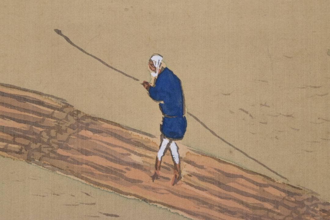 【真作】敬山/春景嵐峽/山水図/保津川下り図/4-1/掛軸/名家伝来AA-847