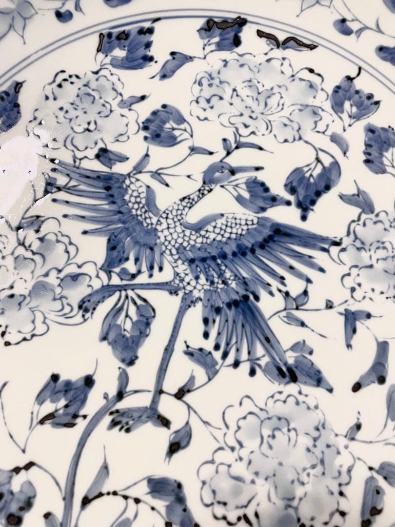 【美品】★有田焼★仁祥窯 花鳥模様 平皿 大皿 古染花鳥