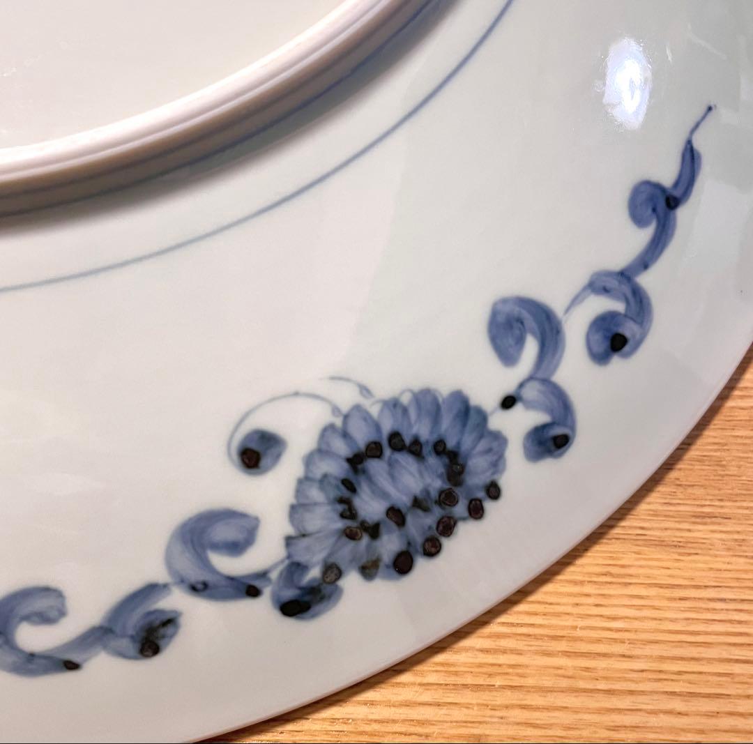 【美品】★有田焼★仁祥窯 花鳥模様 平皿 大皿 古染花鳥