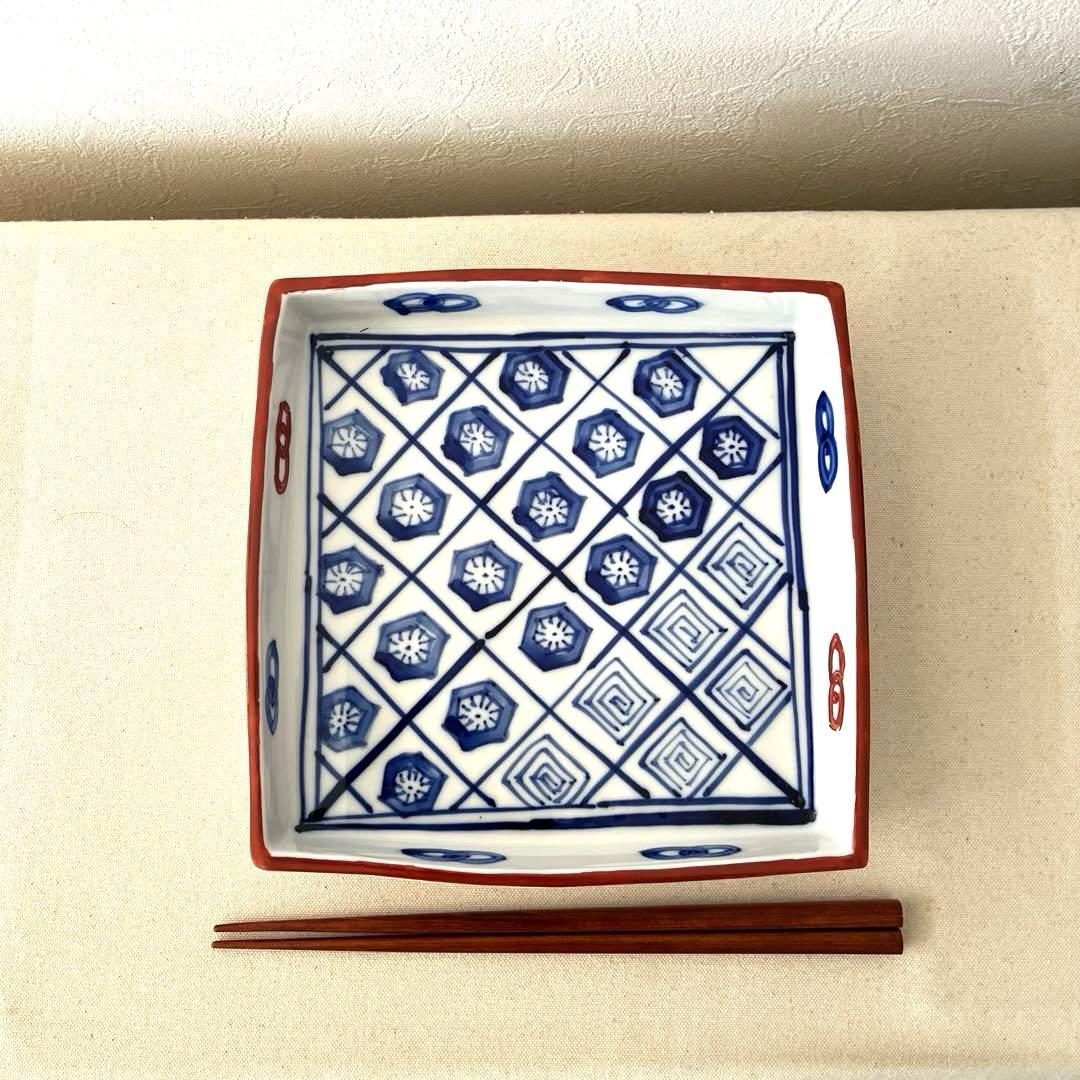 ○K953○有田焼　手描き　スクエア皿【未使用】