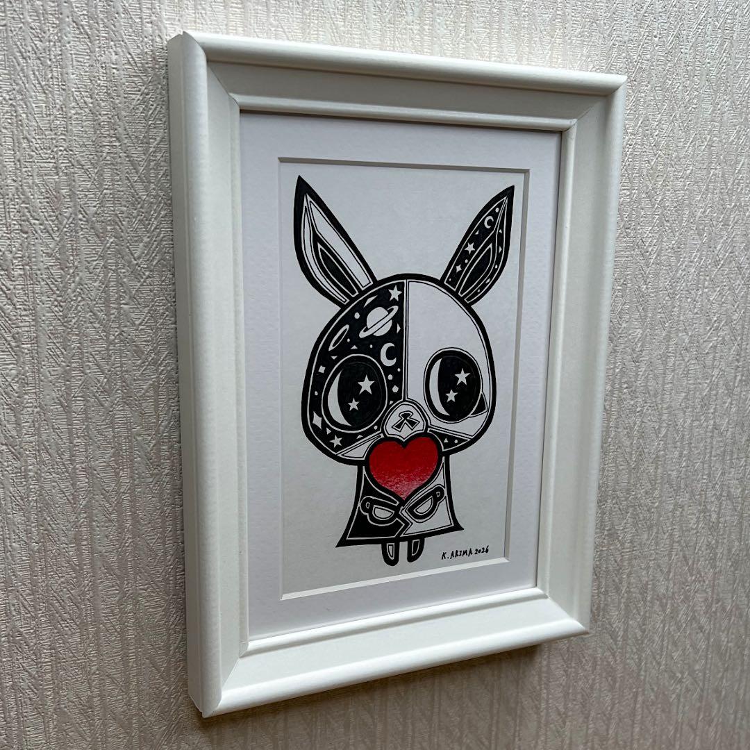 動物 原画 絵 手描き 癒し うさぎ 猫 一点物 額縁付き 『手のひらの宇宙』