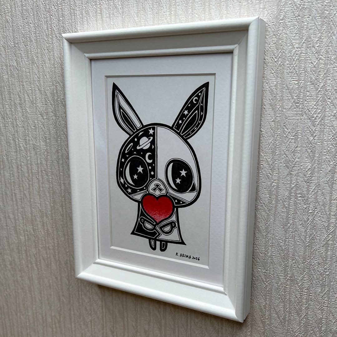 動物 原画 絵 手描き 癒し うさぎ 猫 一点物 額縁付き 『手のひらの宇宙』