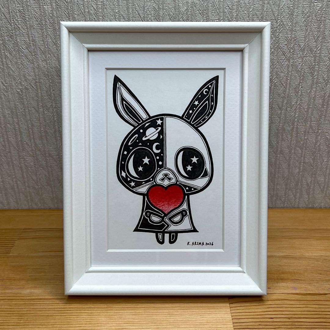 動物 原画 絵 手描き 癒し うさぎ 猫 一点物 額縁付き 『手のひらの宇宙』