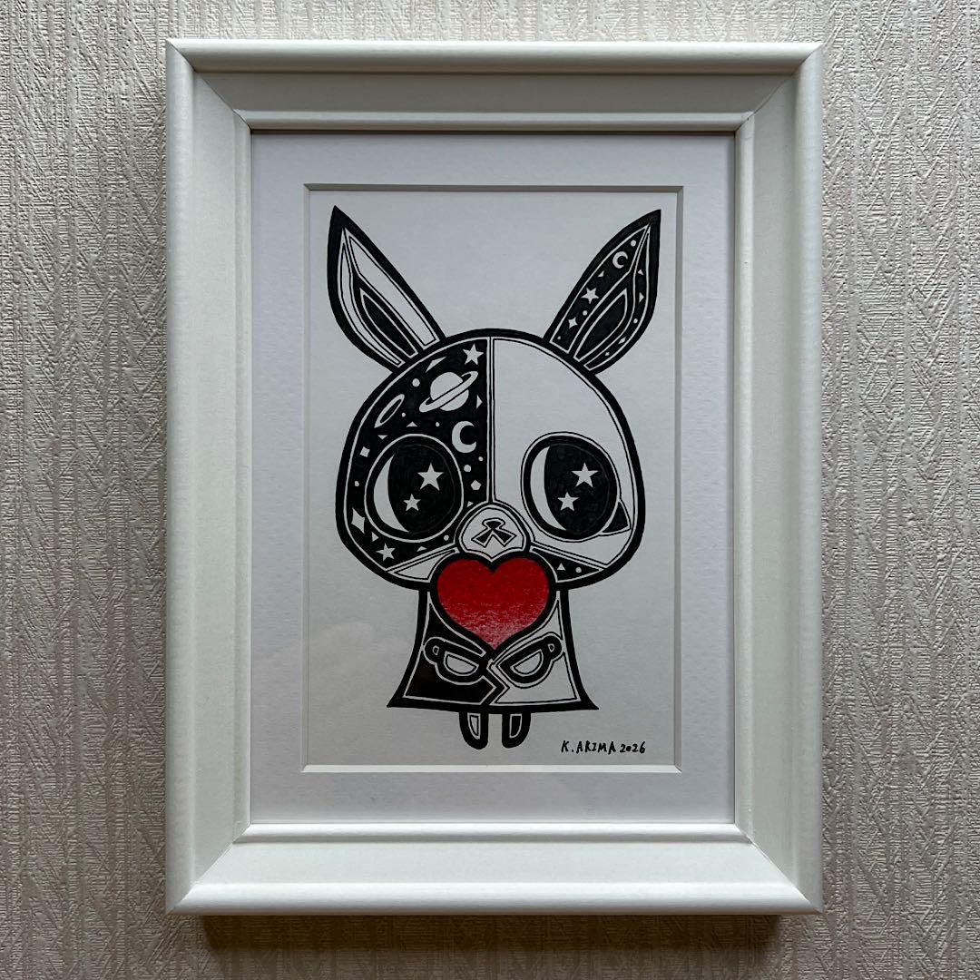 動物 原画 絵 手描き 癒し うさぎ 猫 一点物 額縁付き 『手のひらの宇宙』