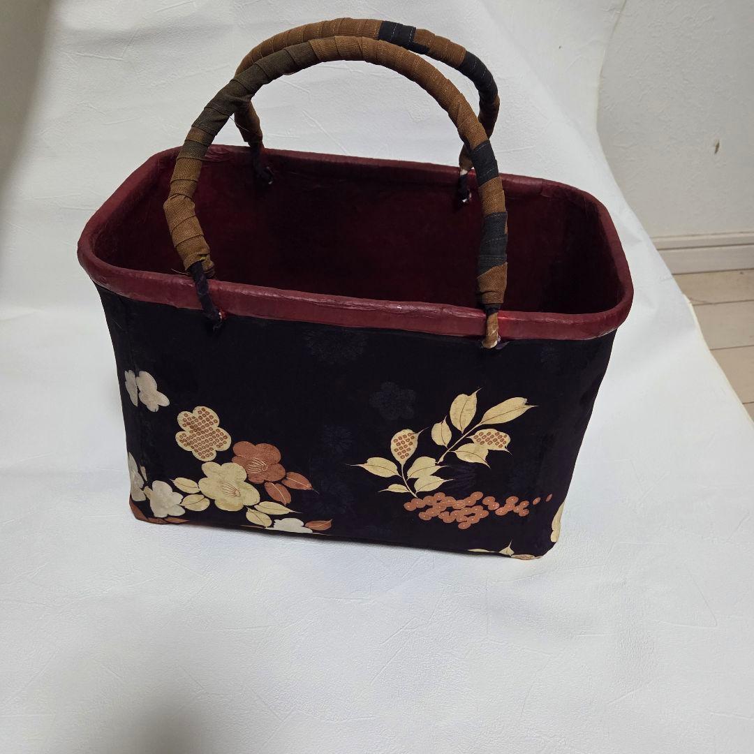 ハンドメイド桜柄の布製一閑張籠バッグ
