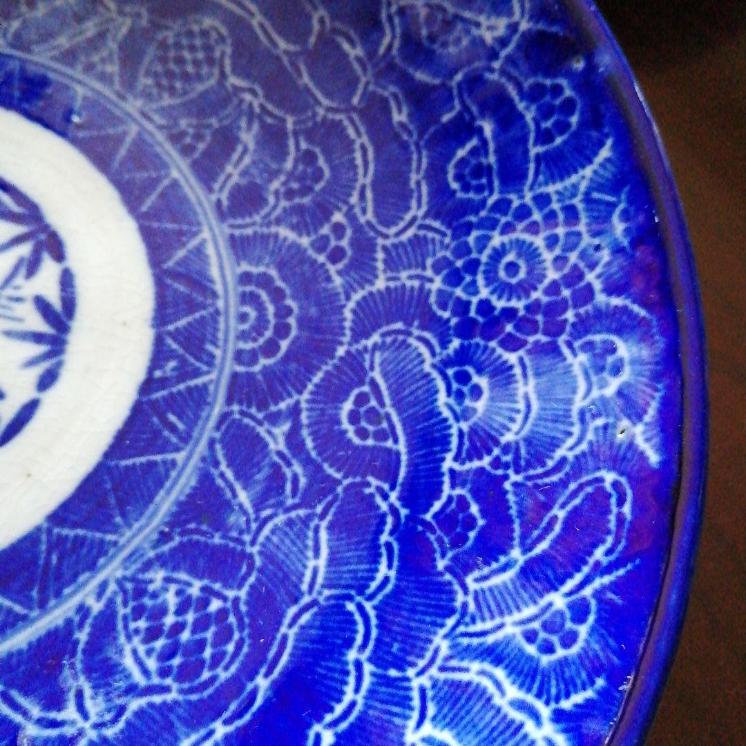 伊万里　紙摺印判染付大皿　4枚　22.2cm　江戸後期～明治初期