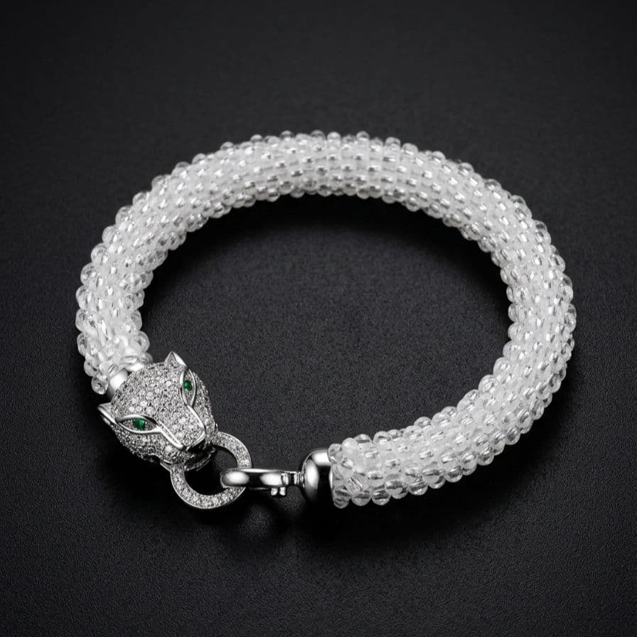 豹ビーズブレスレット*クリア×シルバー金具*ビーズクロッシェ