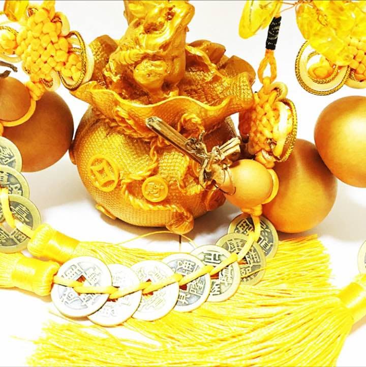 大人気 招財樹 金運 ひょうたん付き帝銭３本セット（黄水晶　全長約２０ｃｍ）