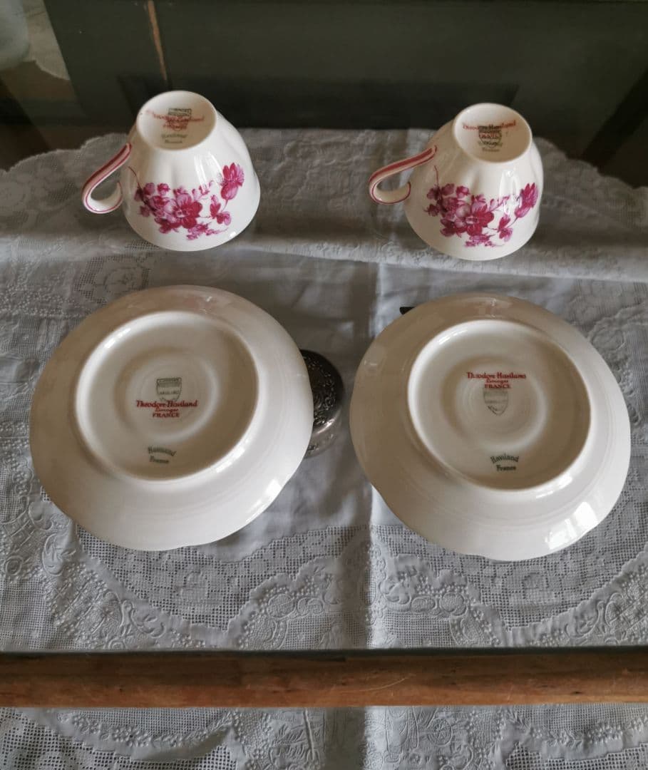 アンティーク リモージュ アビランド ハンドペイント薔薇薊ペアティーカップセット