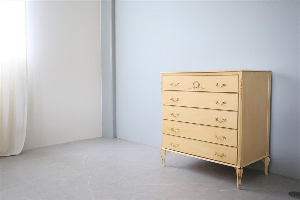 フランスアンティーク猫脚5杯ドロワー/木製チェスト/白色箪笥タンス(89-23)