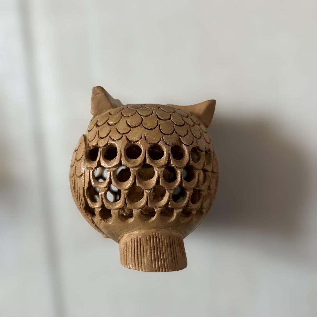 置物　木製 フクロウ彫刻