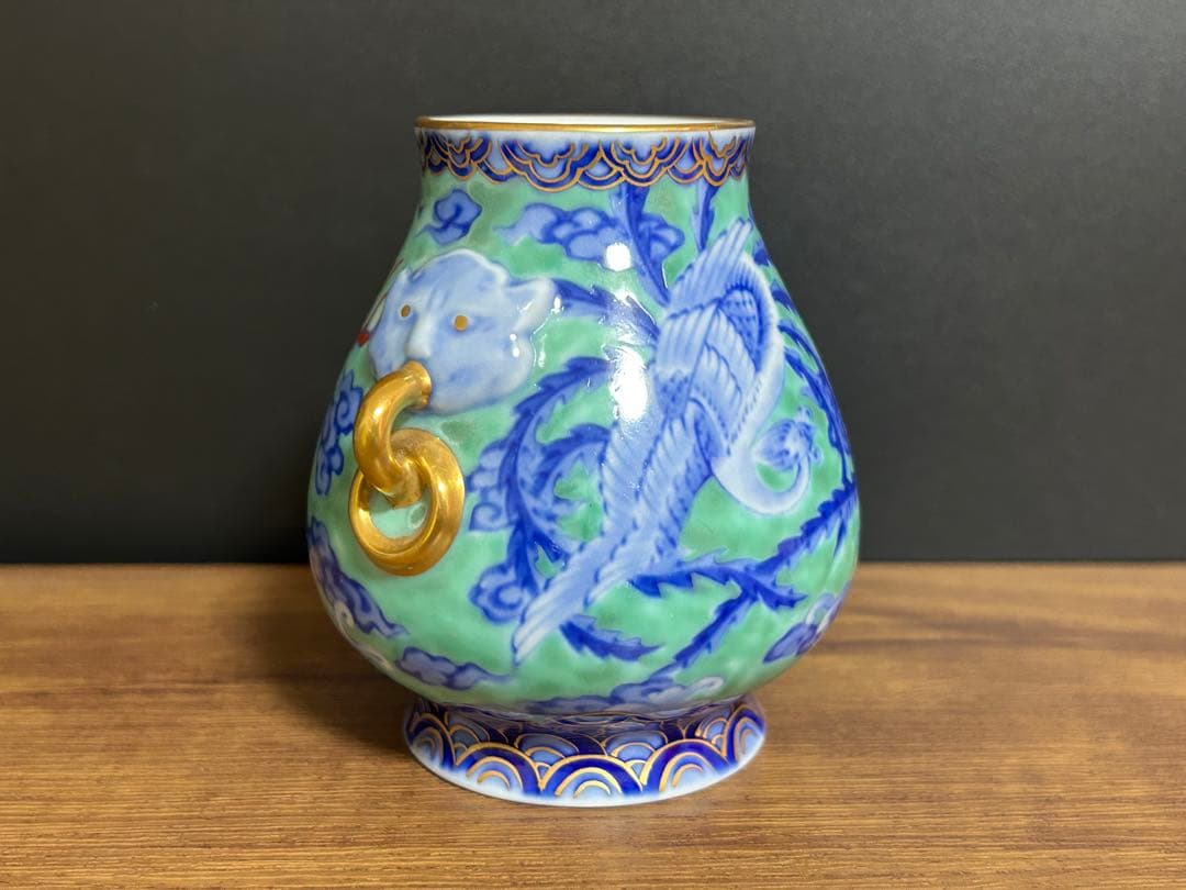 深川製磁 鬼面龍朱雀文花瓶 壺 花瓶 飾り壺