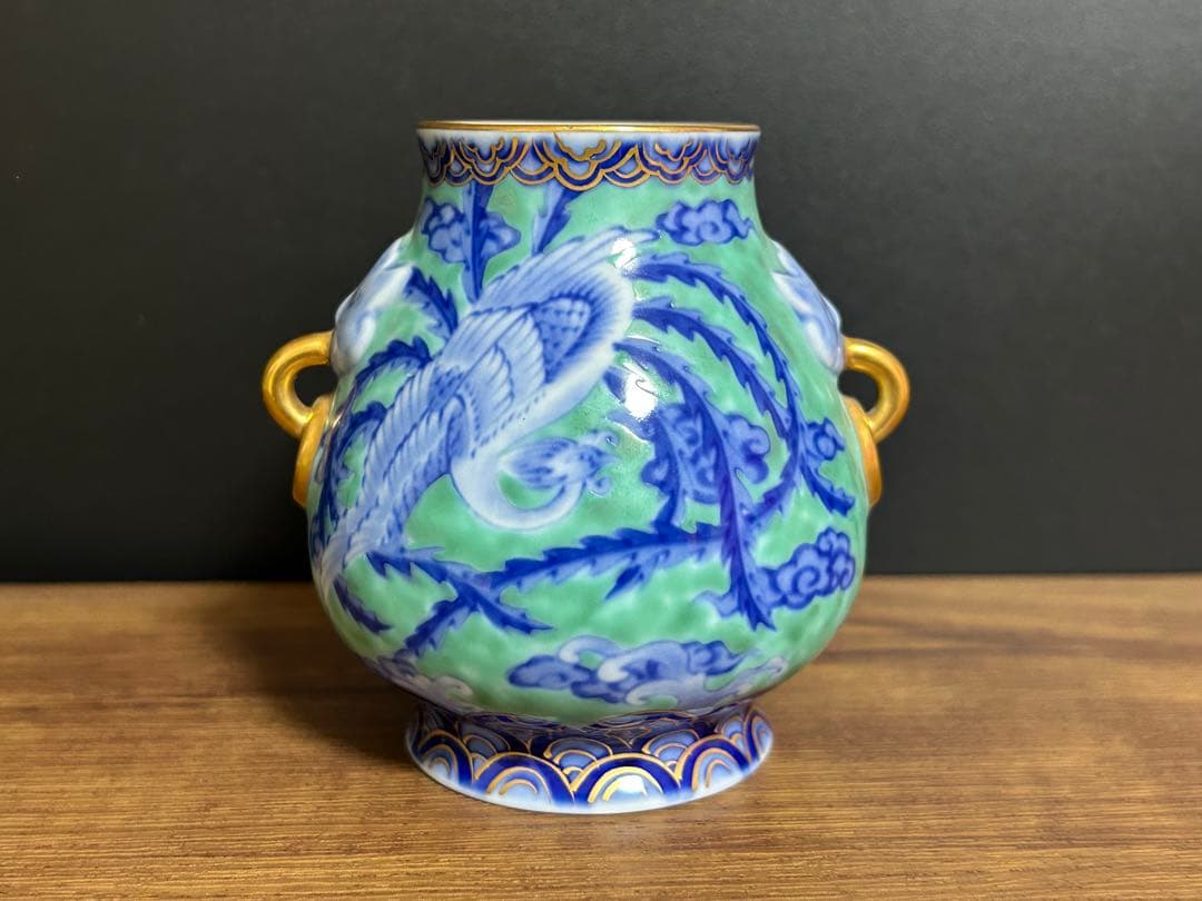 深川製磁 鬼面龍朱雀文花瓶 壺 花瓶 飾り壺