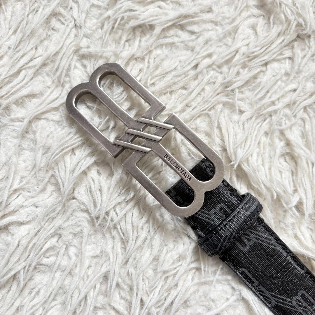 美品　BALENCIAGA BBバックル　モノグラムコーティングレザーベル黒95