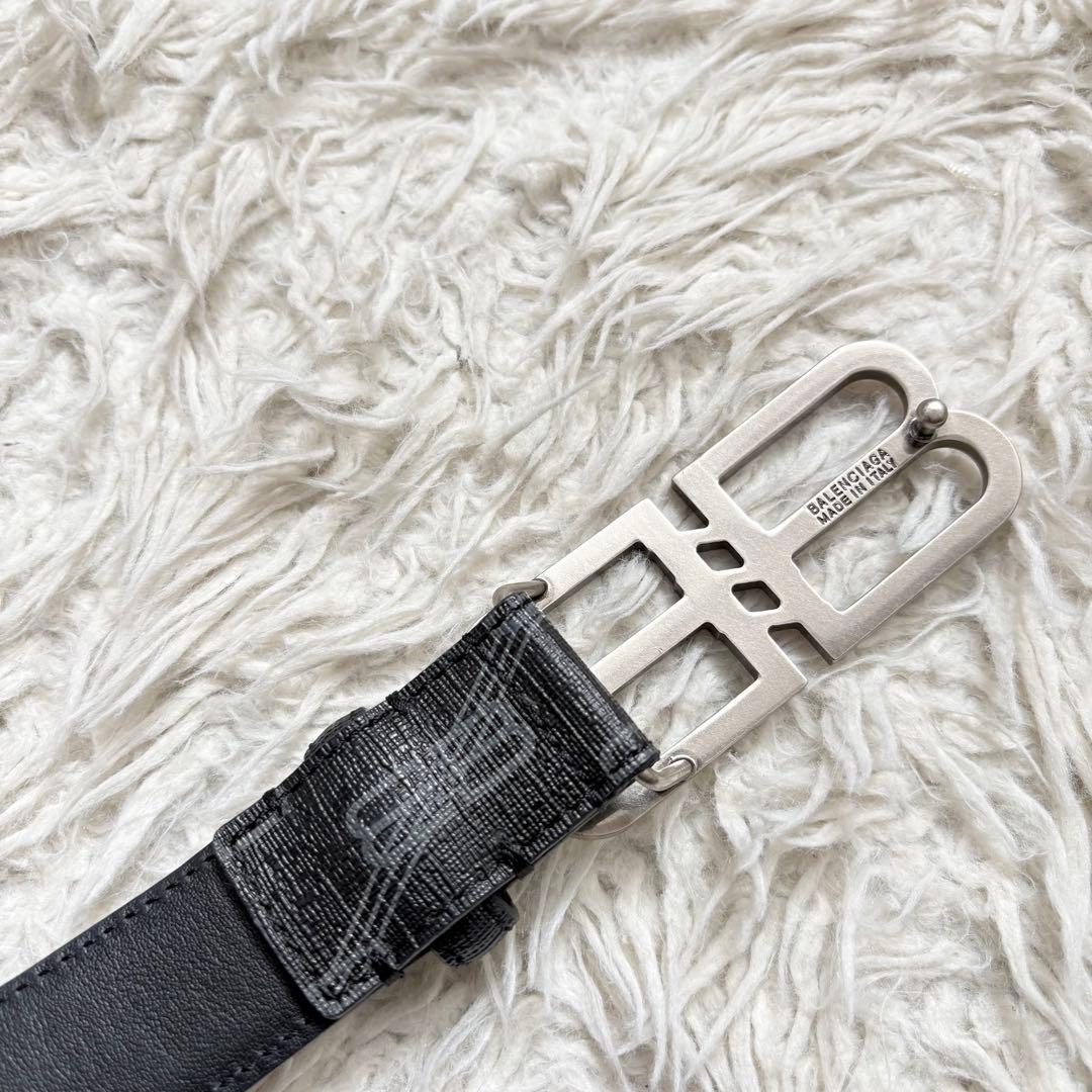 美品　BALENCIAGA BBバックル　モノグラムコーティングレザーベル黒95