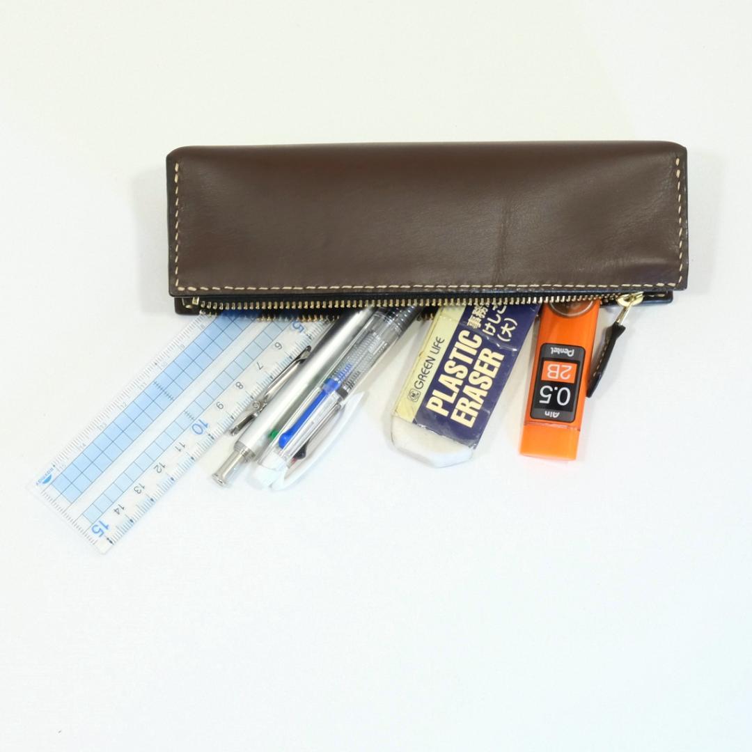 本革　BOX型ペンケース　姫路レザークロム　ビターチョコ