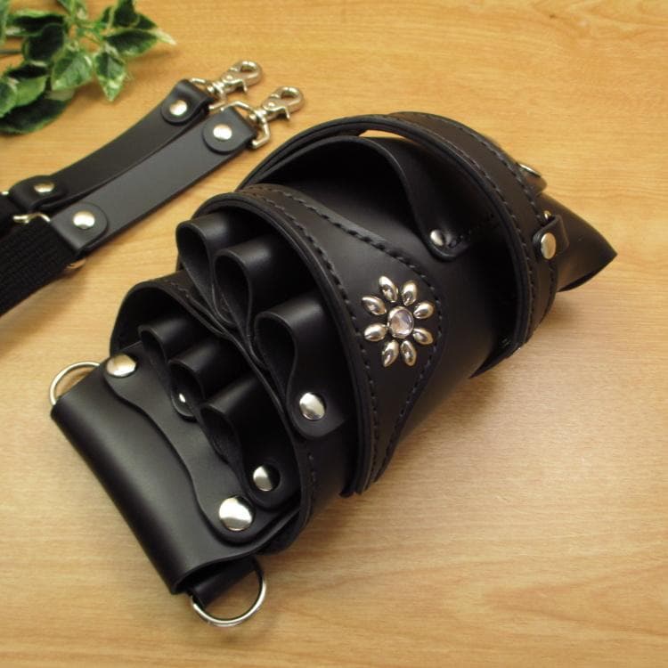 フラワースタッズ装飾　オールブラック　本革　６丁差し　SCA-235/CKA