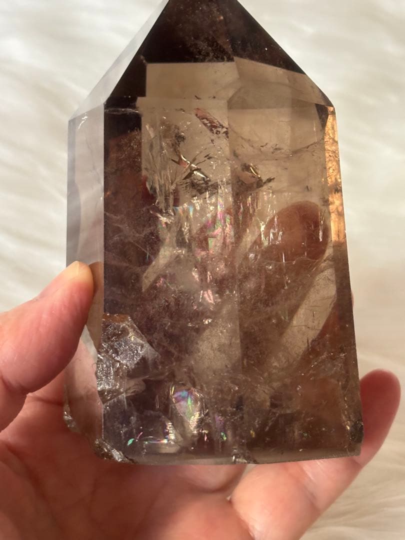 スモーキークォーツ　ポイント　六角柱　太め　725g レインボー　透明度　美麗