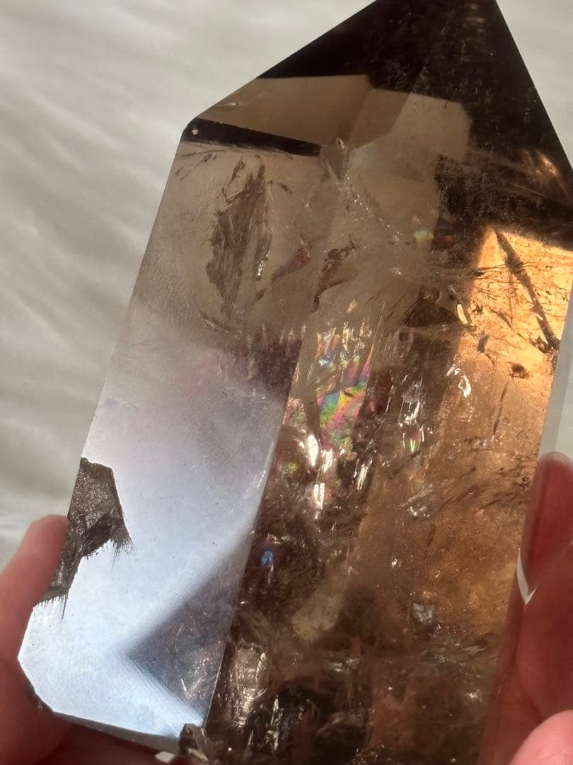 スモーキークォーツ　ポイント　六角柱　太め　725g レインボー　透明度　美麗