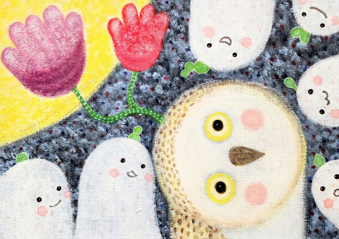 絵画 原画『花咲く夜の話』キャンバス(F4号) フクロウ 月 花 幸せ 一点もの