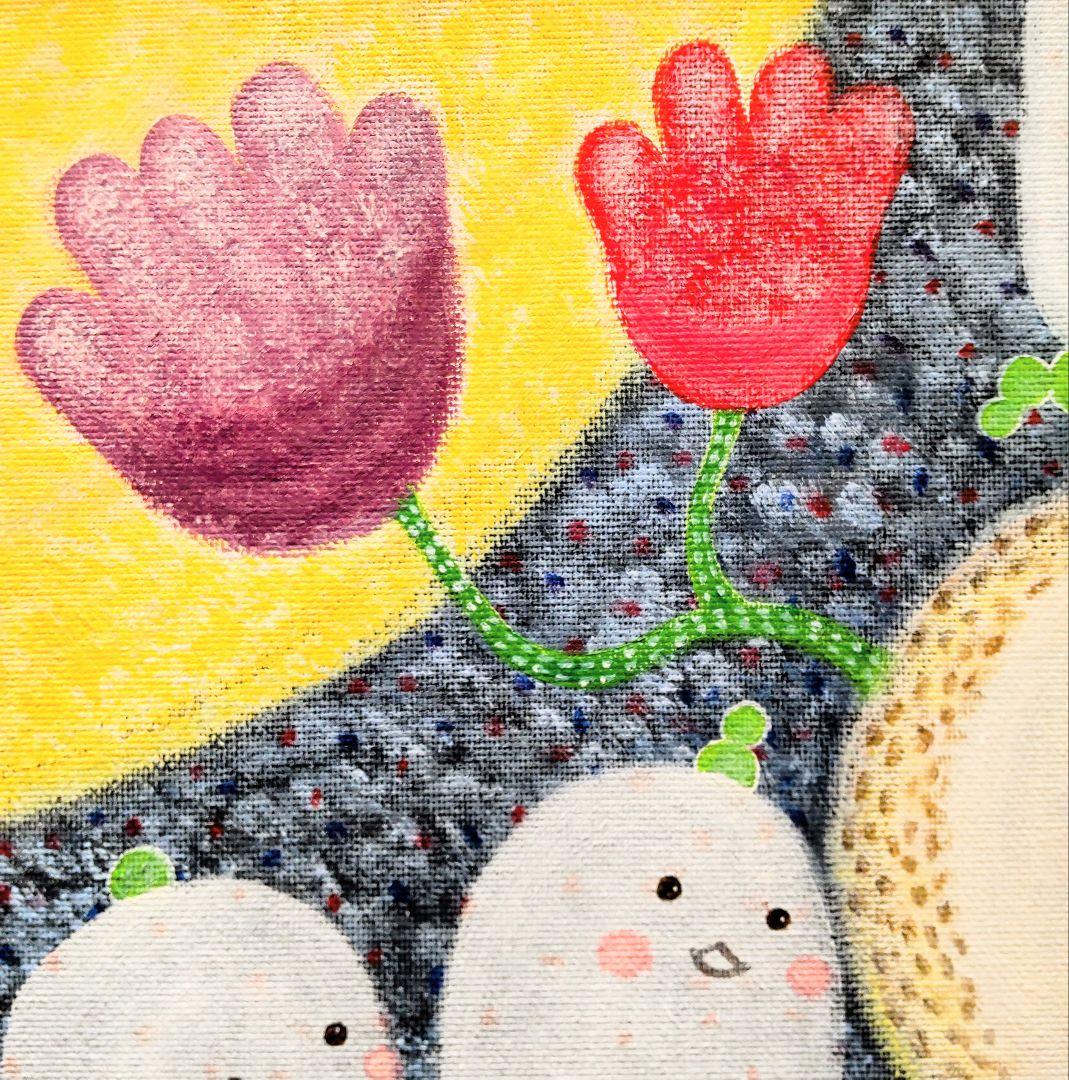 絵画 原画『花咲く夜の話』キャンバス(F4号) フクロウ 月 花 幸せ 一点もの