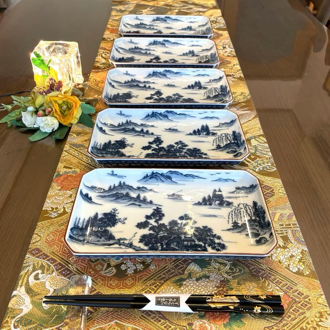 希少廃盤品 新品　前畑陶器　美濃焼　庫山窯　八角　青華山水焼物皿揃　5枚　箱なし