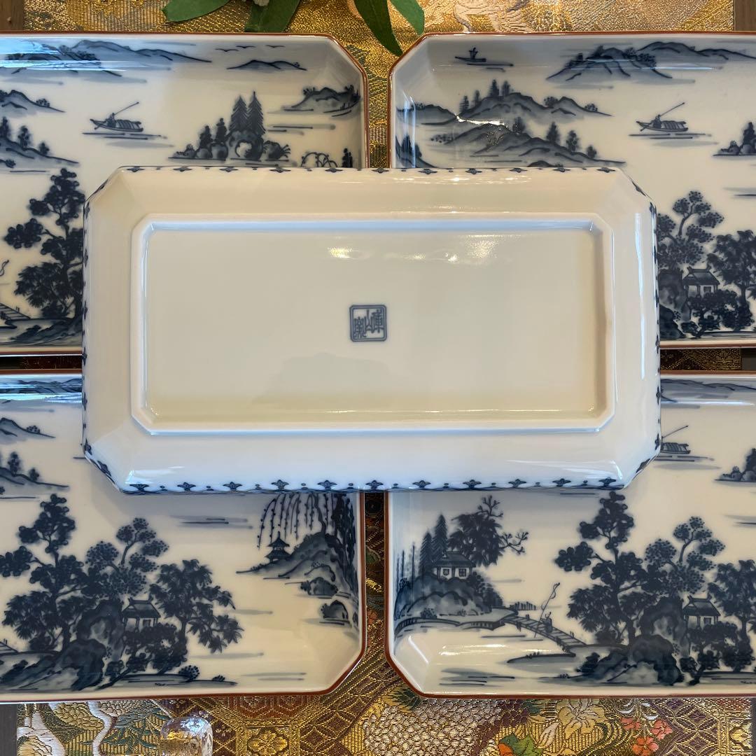 希少廃盤品 新品　前畑陶器　美濃焼　庫山窯　八角　青華山水焼物皿揃　5枚　箱なし