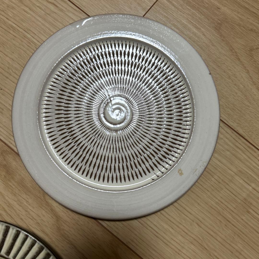 小石原ポタリー　ハンドメイド クリーム色 ストライプ皿 2枚セット