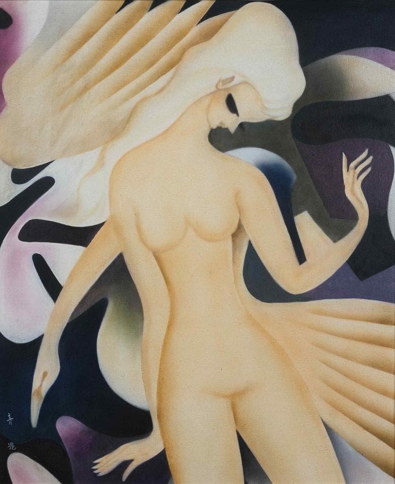 東郷青児　油彩　肉筆『レダ』表裏サイン　共シール　大丸シール　F8　額　b871