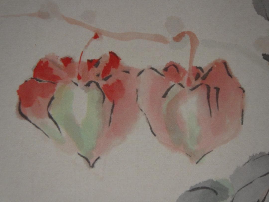 真作 福田浩湖 日本画 秋狩旅人愁 鬼灯と蟋蟀 肉筆 落款 大色紙 36×30