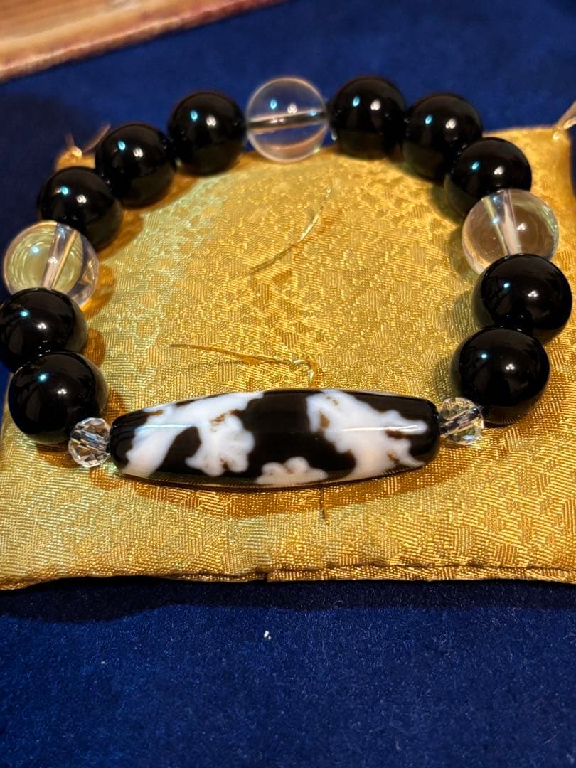 騎龍観音天珠ブレスレット 12mmオニキス×水晶【広島・河内神社 御神水浄化済】