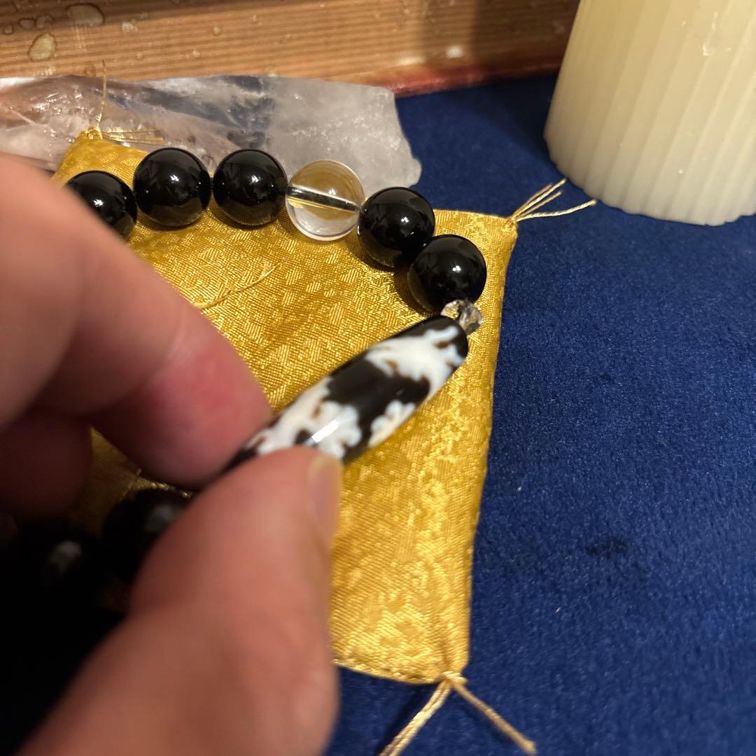 騎龍観音天珠ブレスレット 12mmオニキス×水晶【広島・河内神社 御神水浄化済】