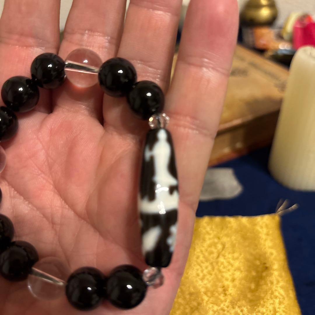 騎龍観音天珠ブレスレット 12mmオニキス×水晶【広島・河内神社 御神水浄化済】