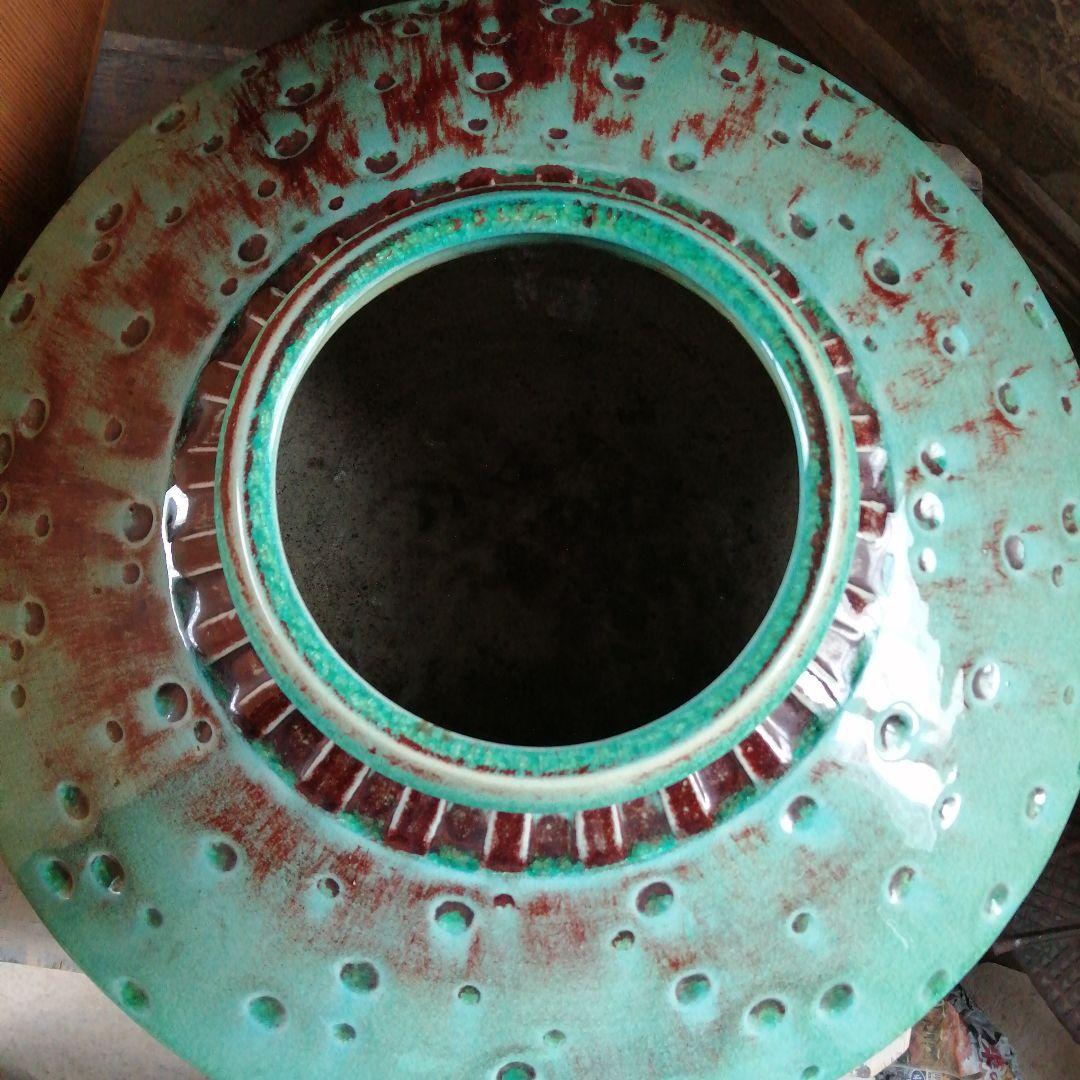 赤膚山焼　尾西楽斎　碧釉御所車車輪形花瓶　41cm