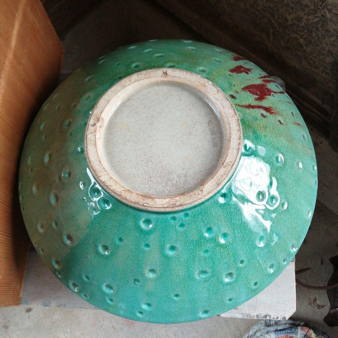 赤膚山焼　尾西楽斎　碧釉御所車車輪形花瓶　41cm