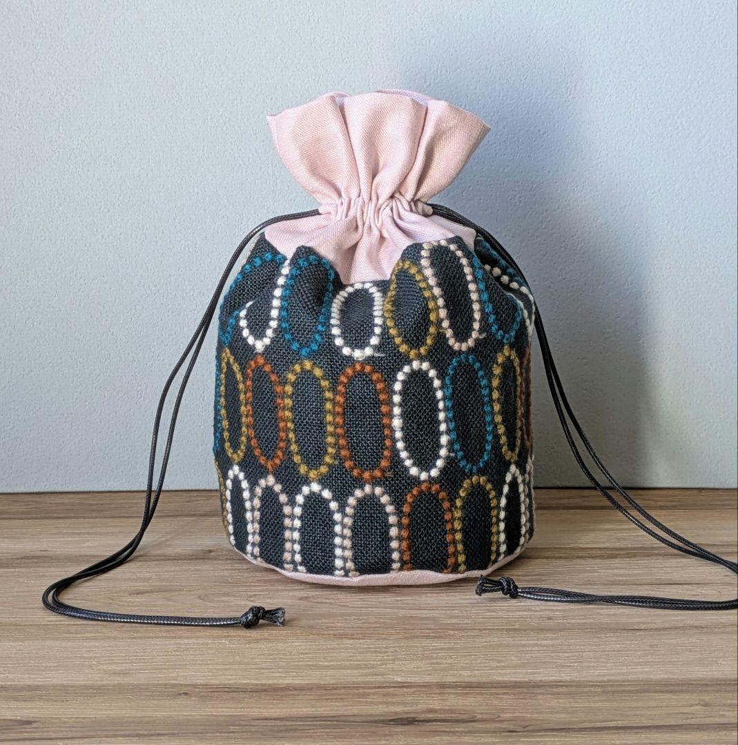 ミナペルホネンハンドメイド丸底巾着バッグ（タルト、ダークグリーン）