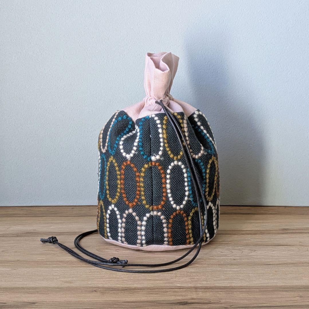 ミナペルホネンハンドメイド丸底巾着バッグ（タルト、ダークグリーン）