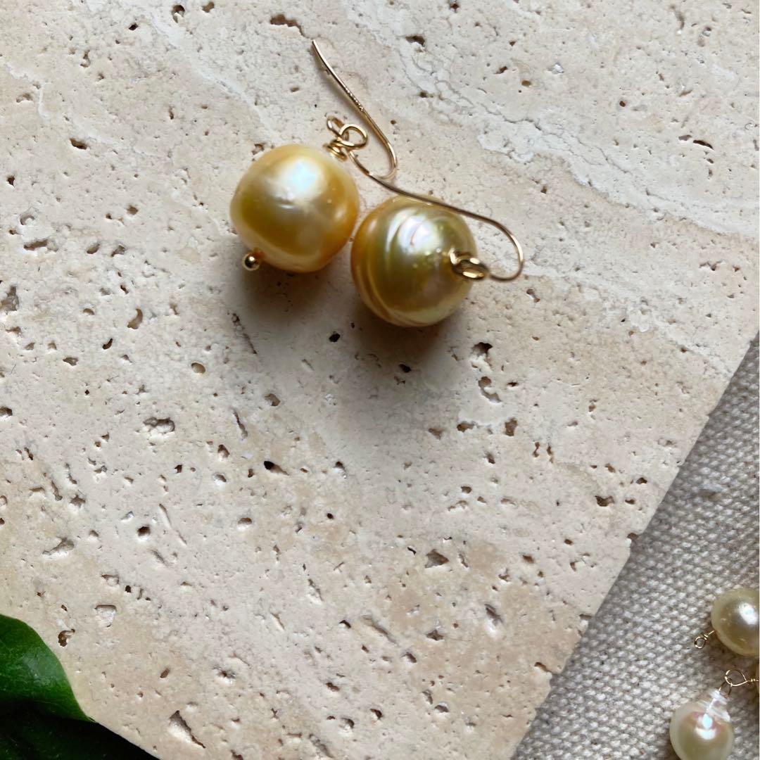 大粒南洋真珠ゴールド　ゴールデンパール　11ミリ　14kgfピアス