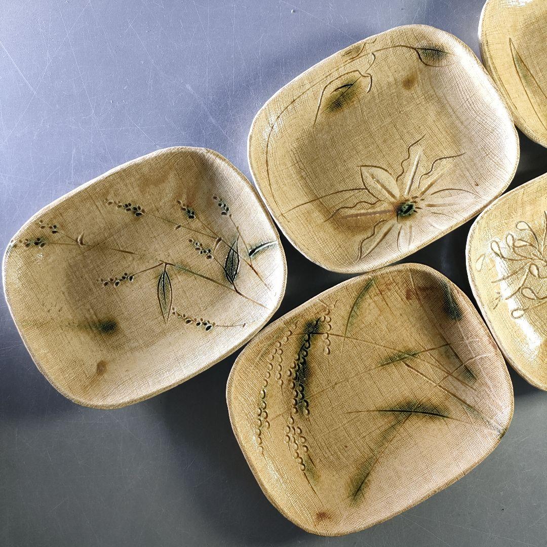 A1257-3/ 加藤伸也 作/黄瀬戸組皿5客/共箱/銘々皿/飾皿/懐石道具/