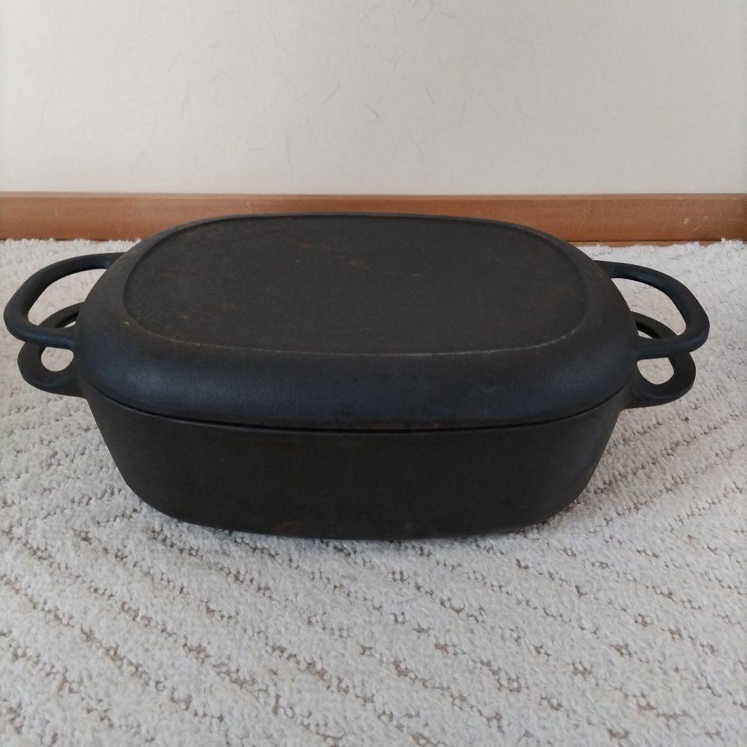南部鉄器　盛栄堂の黒鉄の楕円型長方形両手鍋、蓋付き