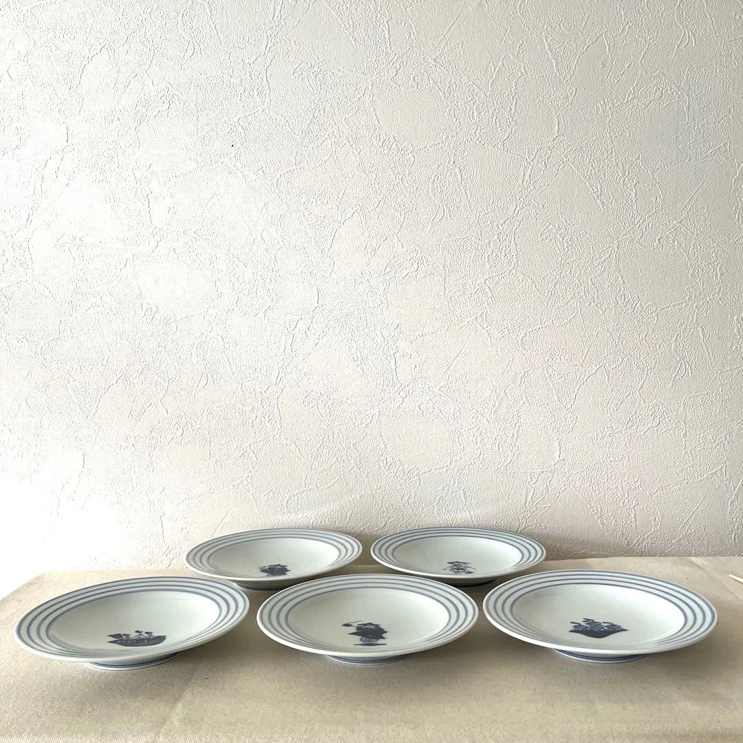 M793 ○しん窯　青花　柄違い丸プレート【5枚】未使用　手描き