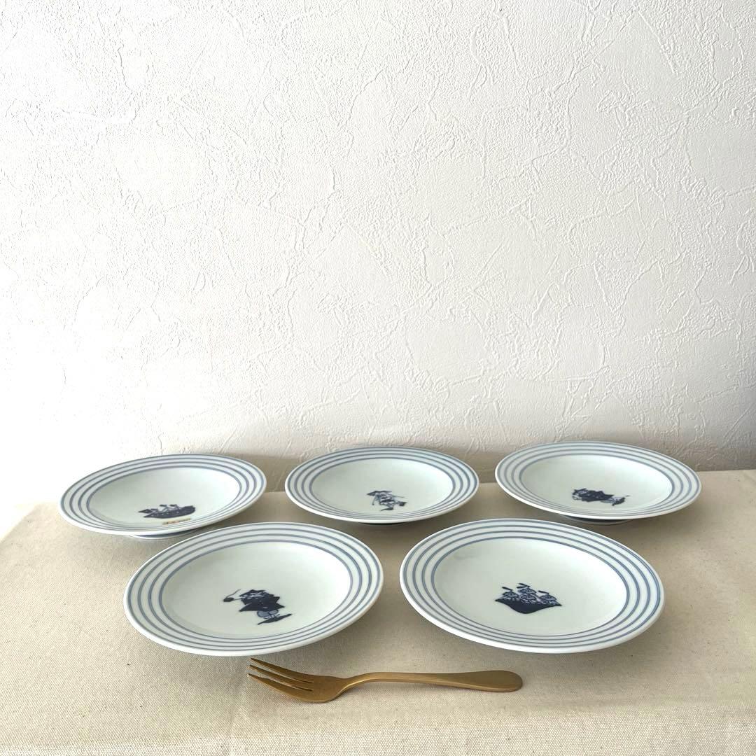 M793 ○しん窯　青花　柄違い丸プレート【5枚】未使用　手描き