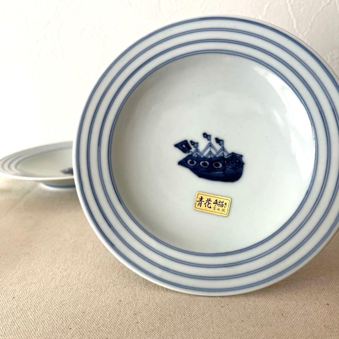 M793 ○しん窯　青花　柄違い丸プレート【5枚】未使用　手描き