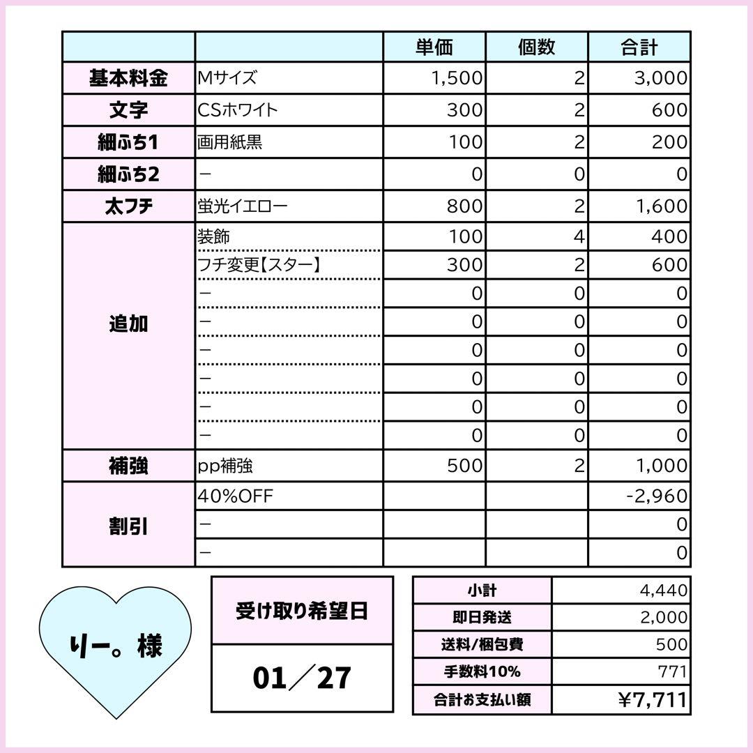 りー。プロフ必読ページ♡0127ネームボード うちわ文字連結文字 オーダー