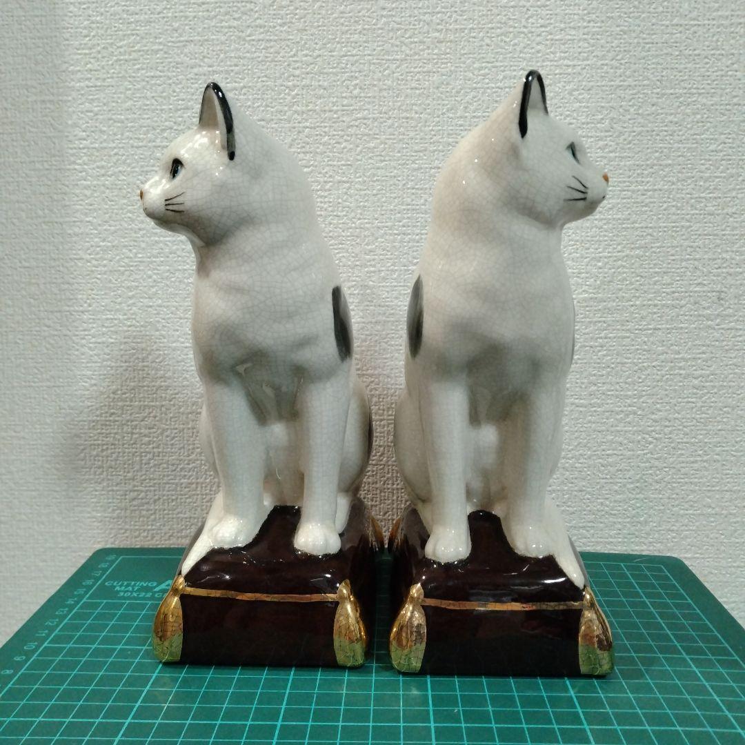 陶器製 白黒猫 置物 対