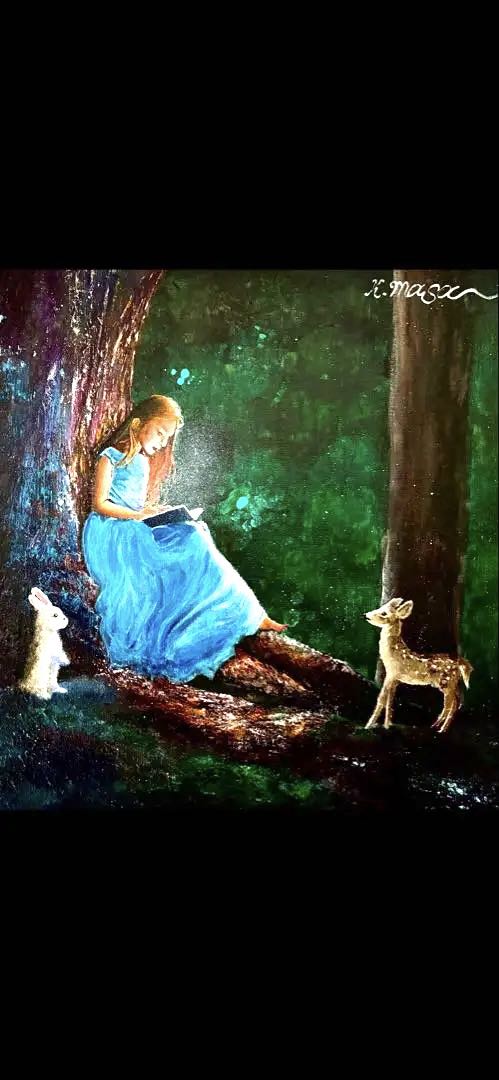 原画 F6号 アクリル画「魔法の本」K.masa癒やしの森青いドレスの少女と動物