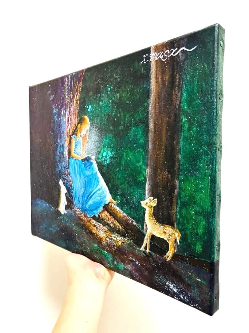 原画 F6号 アクリル画「魔法の本」K.masa癒やしの森青いドレスの少女と動物