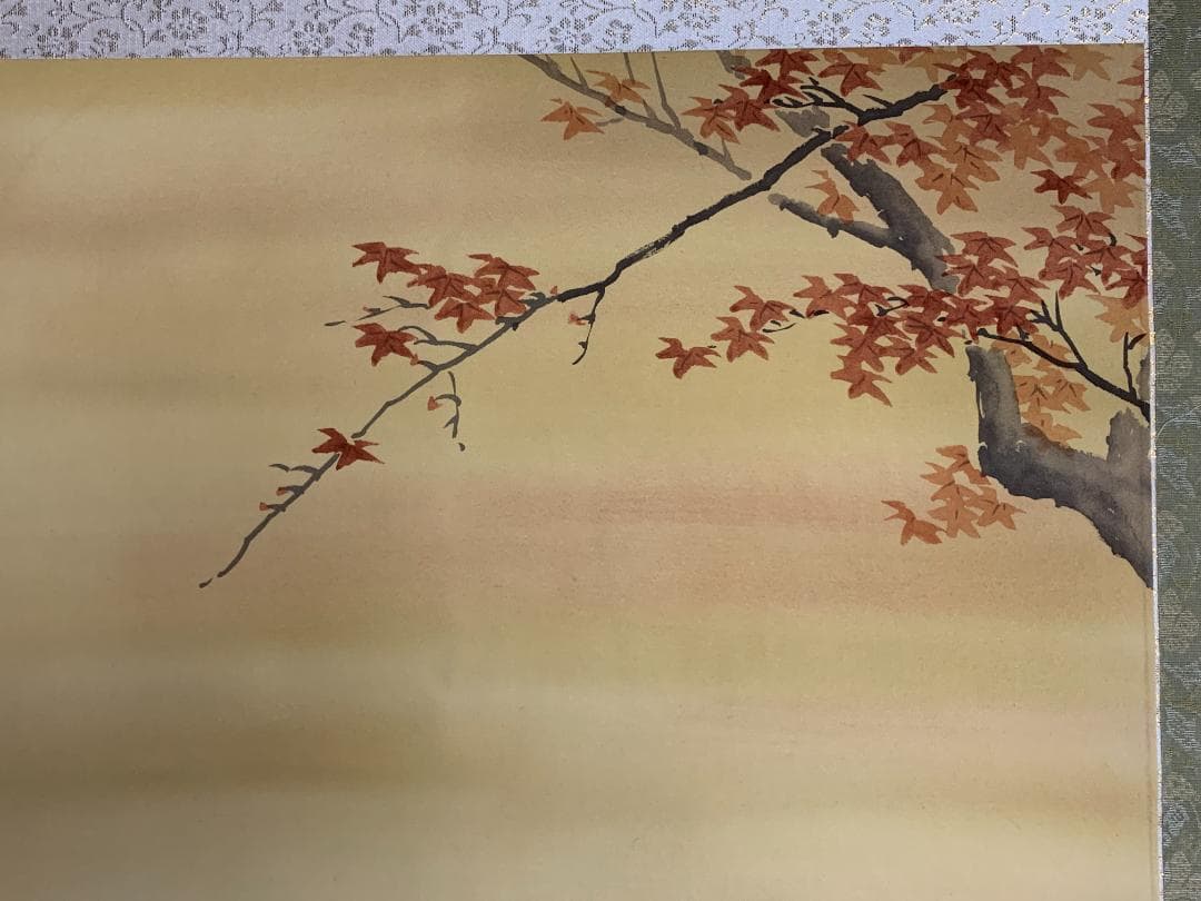 春川 楓下双鹿図 絹本 掛軸 共箱 日本画 美品 580