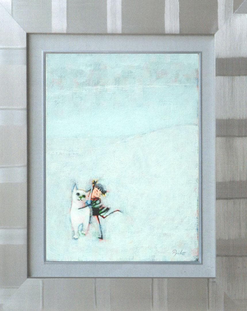 油絵 菅家令子 絵 絵画インテリア 額付(黒) F3-091918 子猫と女の子