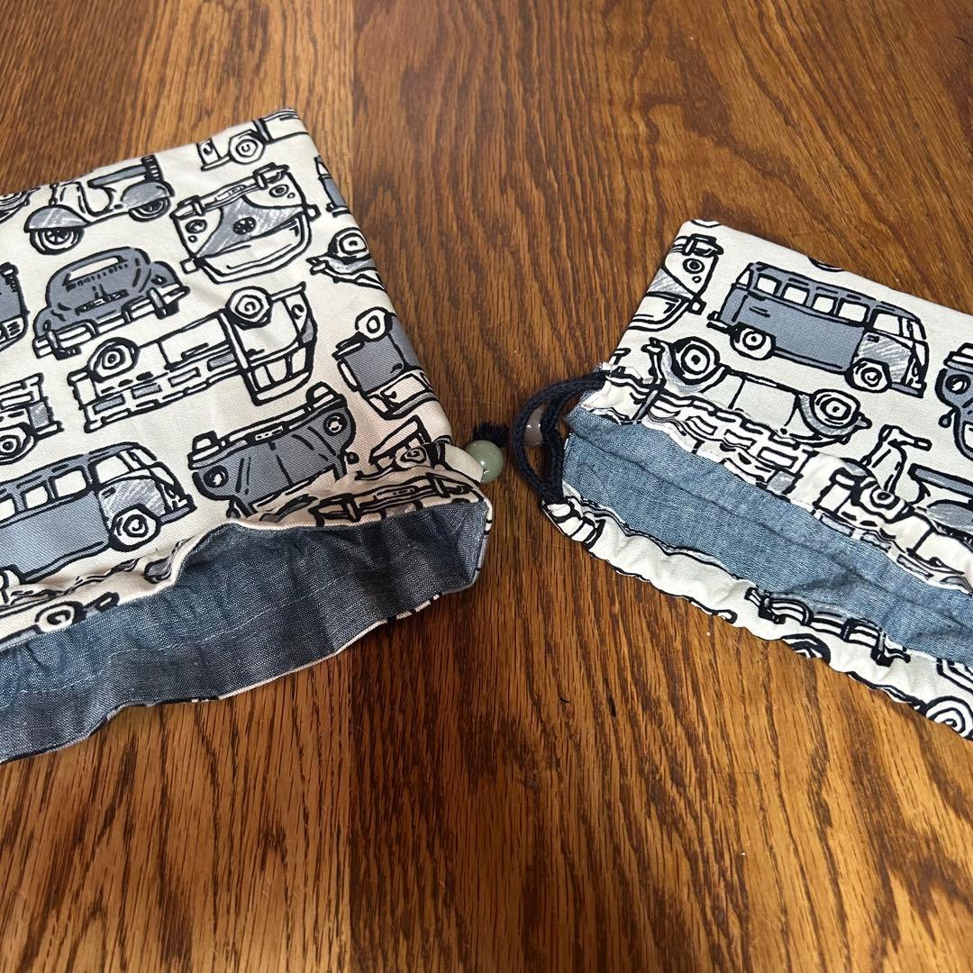 ＊入園入学準備5点セット＊モノクロで可愛いレトロな自動車柄　グレーデニム　赤タグ